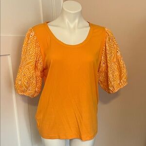LOFT Orange Blouse with Patterned Puff Sleeves